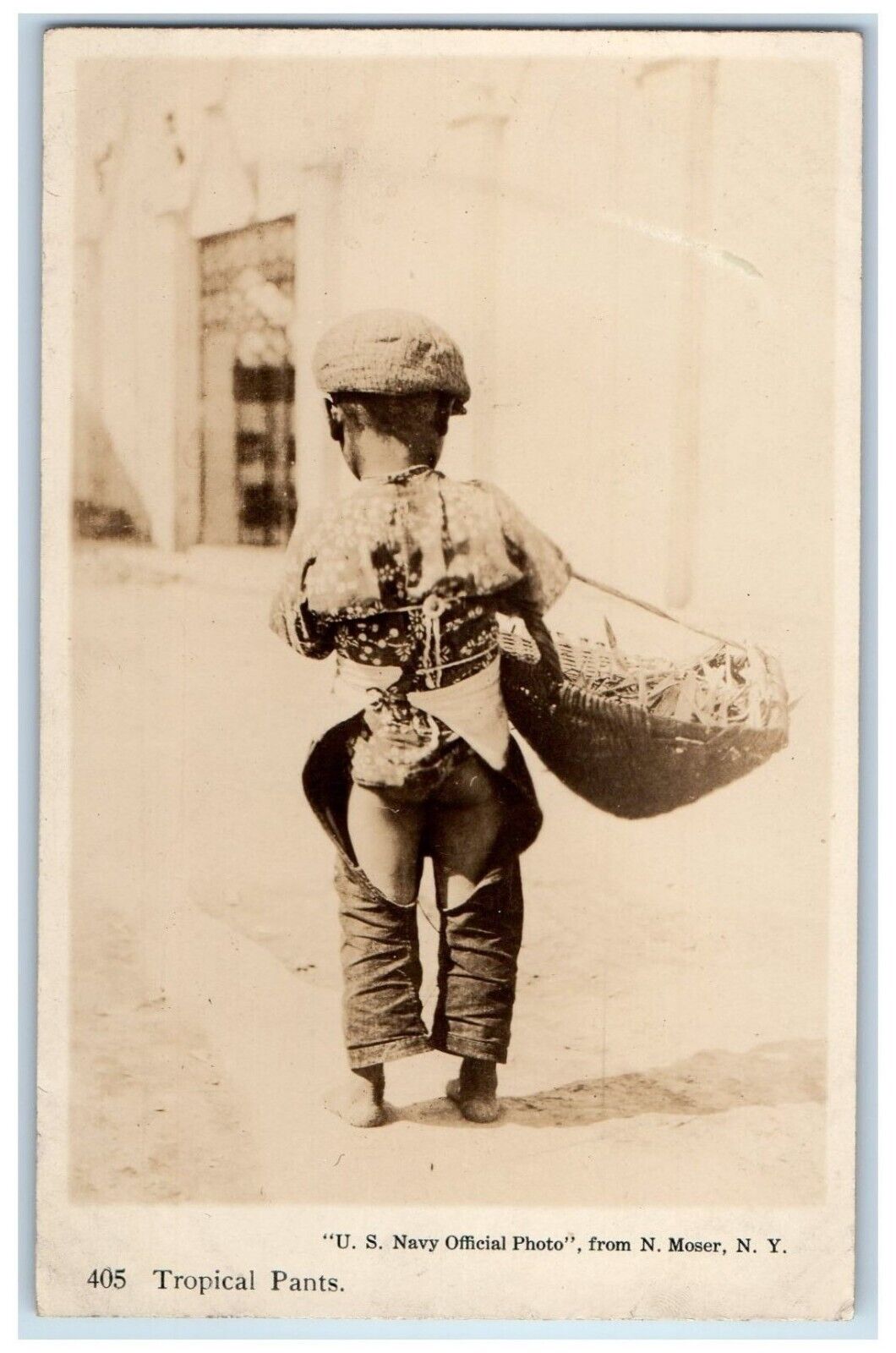 c1910's Little Boy Tropical Pants With Basket Antique RPPC Photo Postcard
