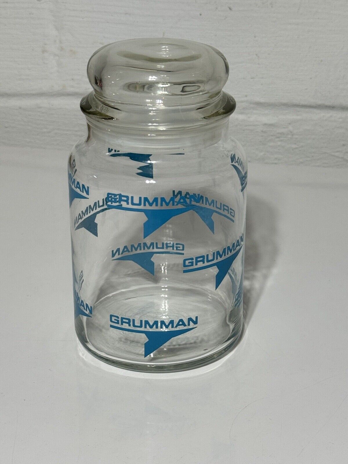 Vintage Grumman Employee Gift Storage Glass Jar Rubber Pull Off Lid Rare Unique