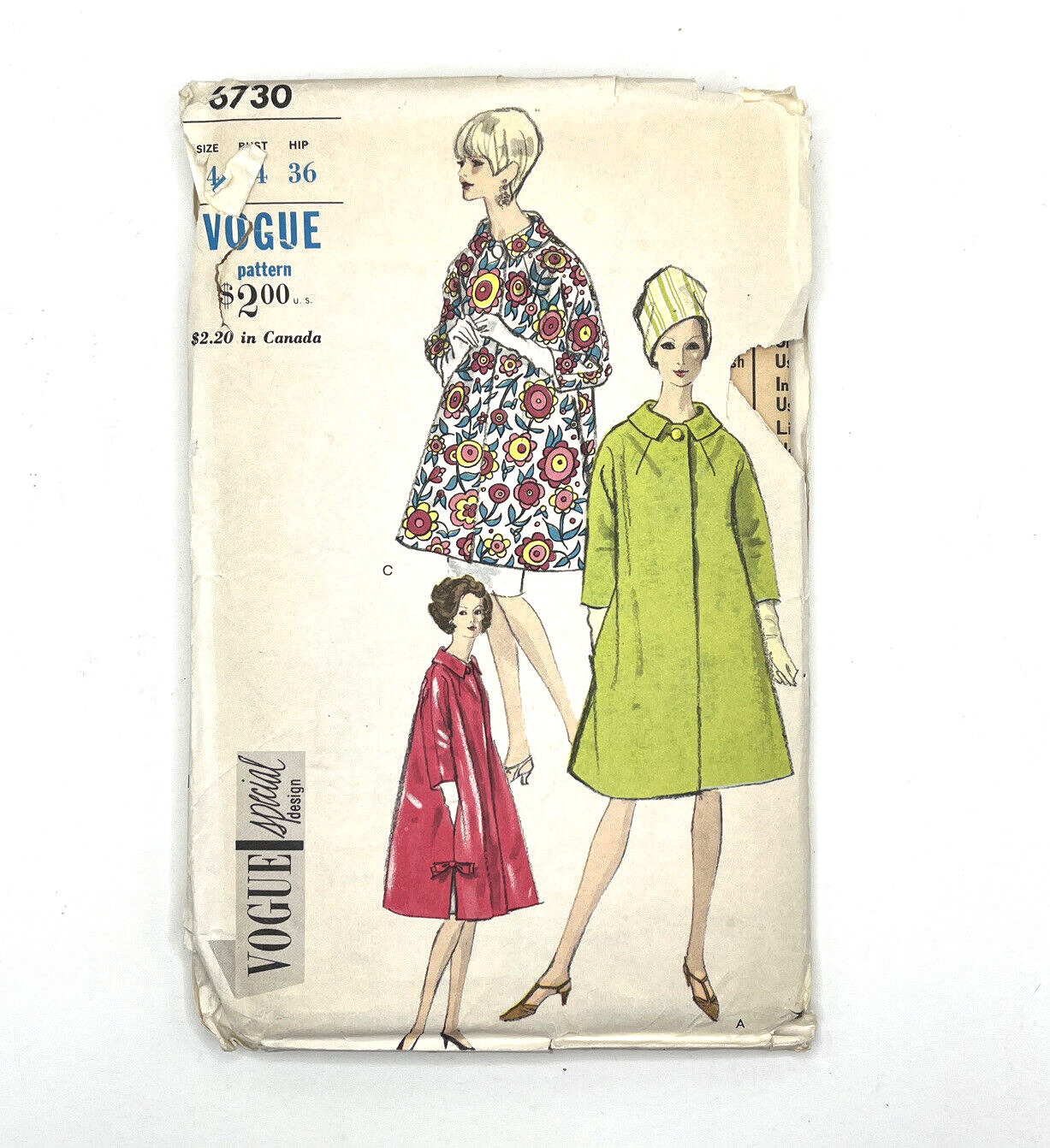 Vogue 6730 Flared Coat Shaped Collar Pockets Side Slits UNCUT FF Sz 14 Bust 34