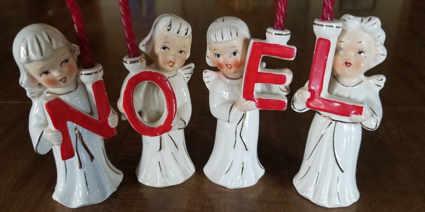 Vintage Relco NOEL Christmas Angels Candle Holders Japan 1950s White Dresses