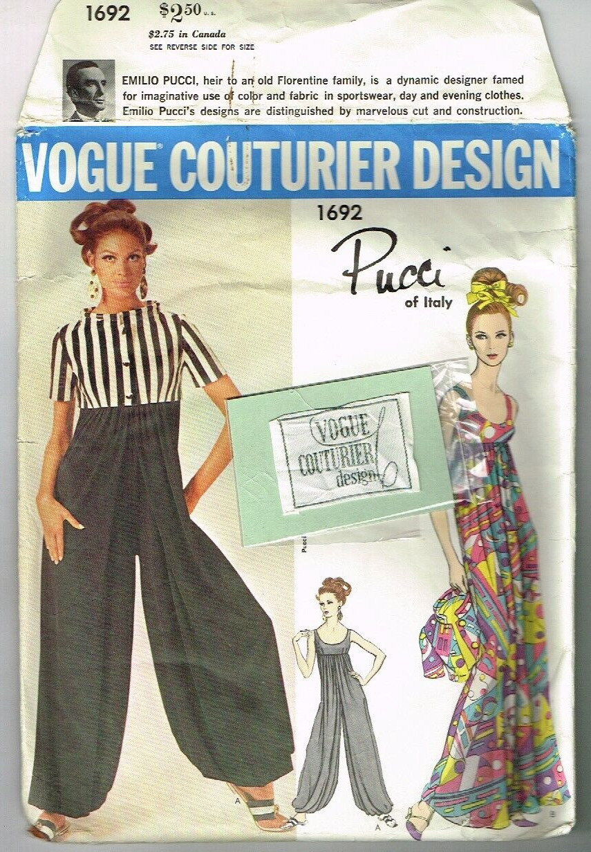 Pucci Pants Vogue Couturier Design Pattern 1692 Size 12 1960\'s VTG LABEL