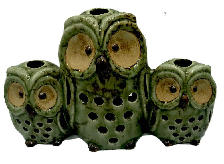 Large 3  Owl Tea Light Candle Holders Figurine Green Pottery Cute Owl