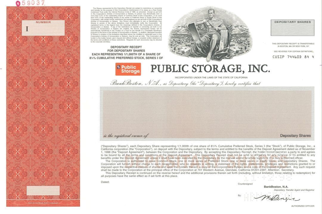 Public Storage, Inc. - 1998 dated Specimen Stock Certificate - Specimen Stocks &