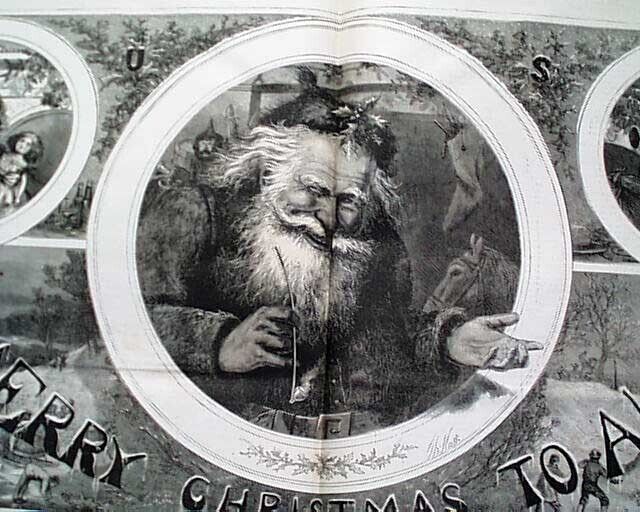 CHRISTMAS Prints Thomas Nast SANTA CLAUS Harper's Weekly 1865 Old Newspaper  