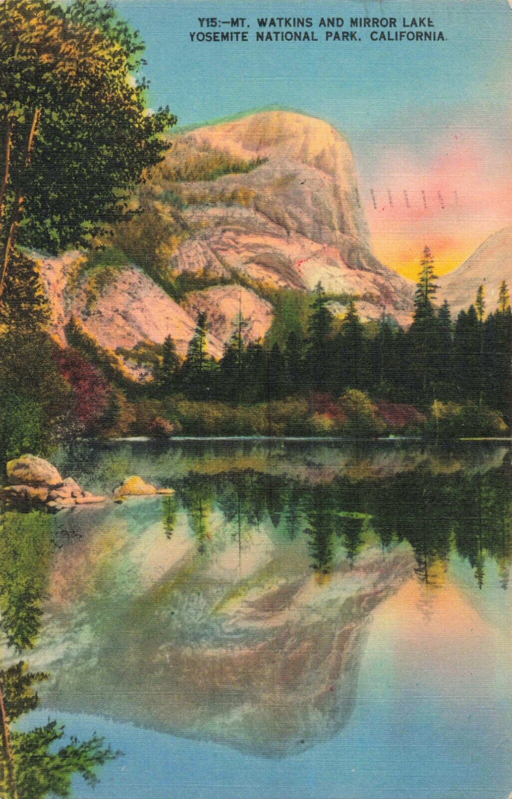 Yosemite CA California, Mount Watkins Mirror Lake Scenic View, Vintage Postcard