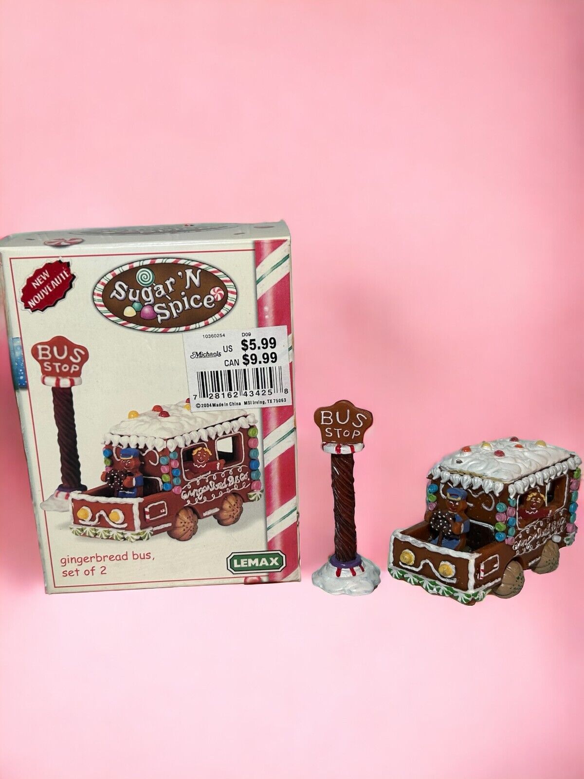 Lemax Sugar 'n Spice Gingerbread Bus Stop Sign 2004 Christmas Winter