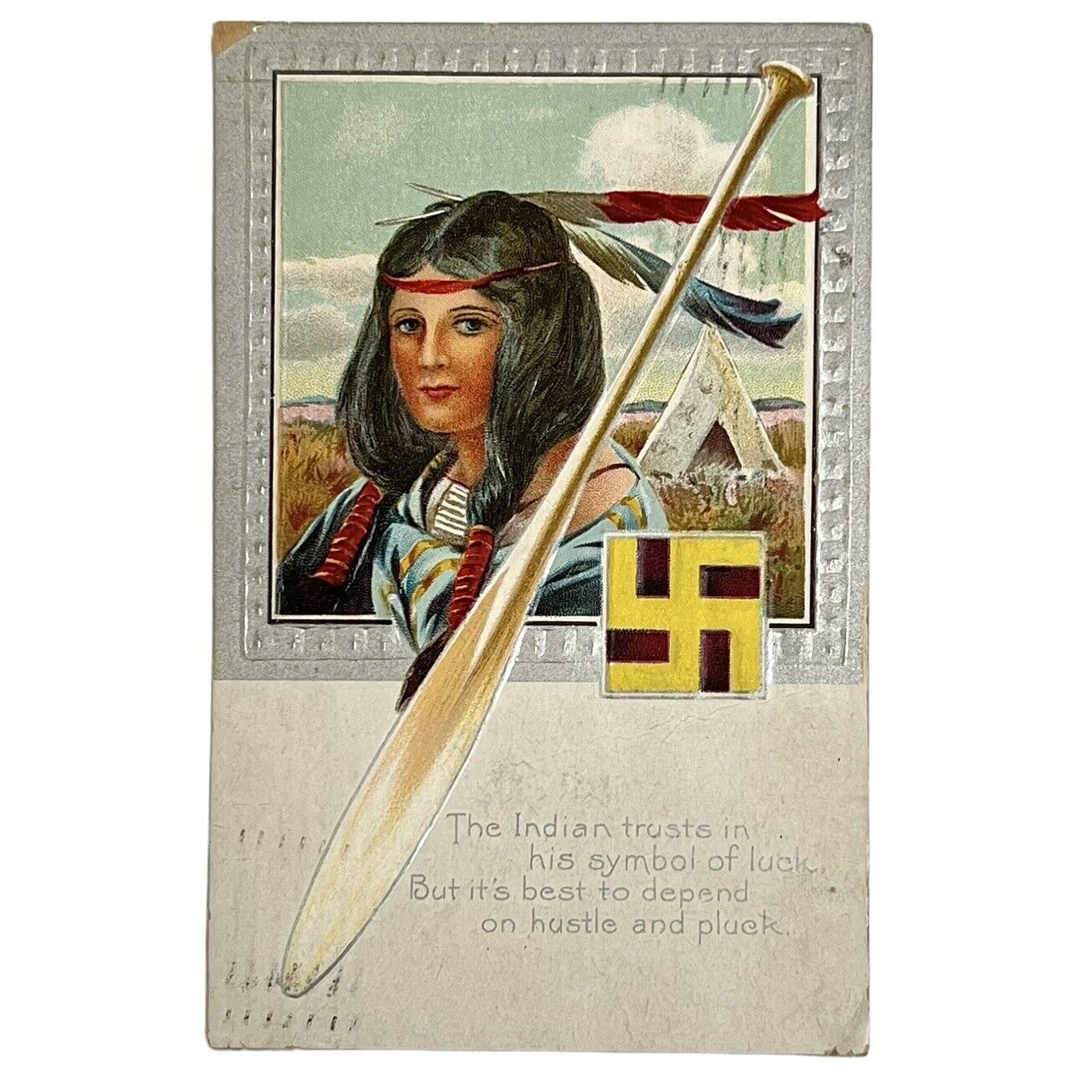 Good Luck Swastika American Indian Scene Embossed Postcard 1911 Ft Madison Iowa
