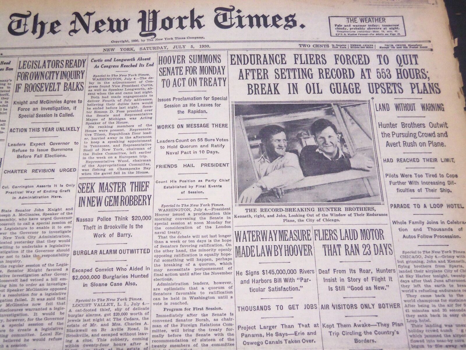 1930 JULY 5 NEW YORK TIMES - ENDURANCE FLIERS FORCED TO QUIT - NT 4960