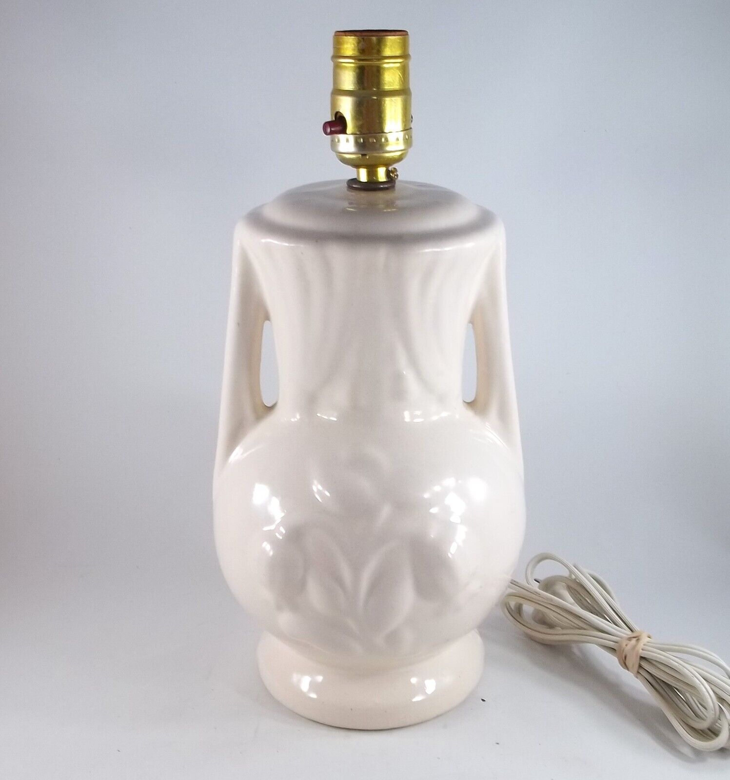 Vintage 1940's White Ceramic Table Lamp With Embossed Tulips Decoration