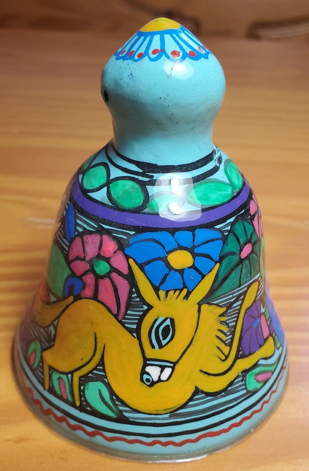 Mexican Folk Art  Terra Cotta Clay Bell Hand Painted and Colorful Donkey