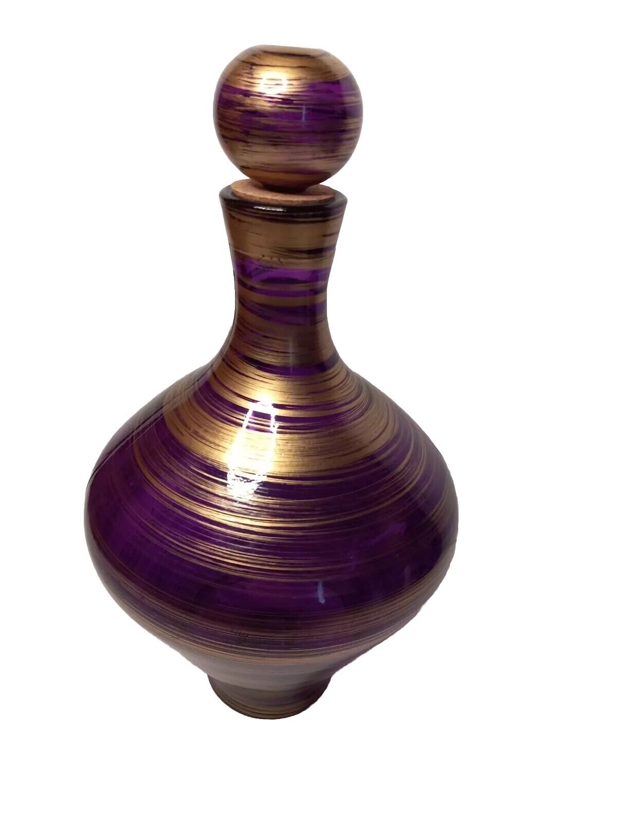 Vintage Amethyst Purple Glass Decanter With Gold Swirls And A Cork Stopper 