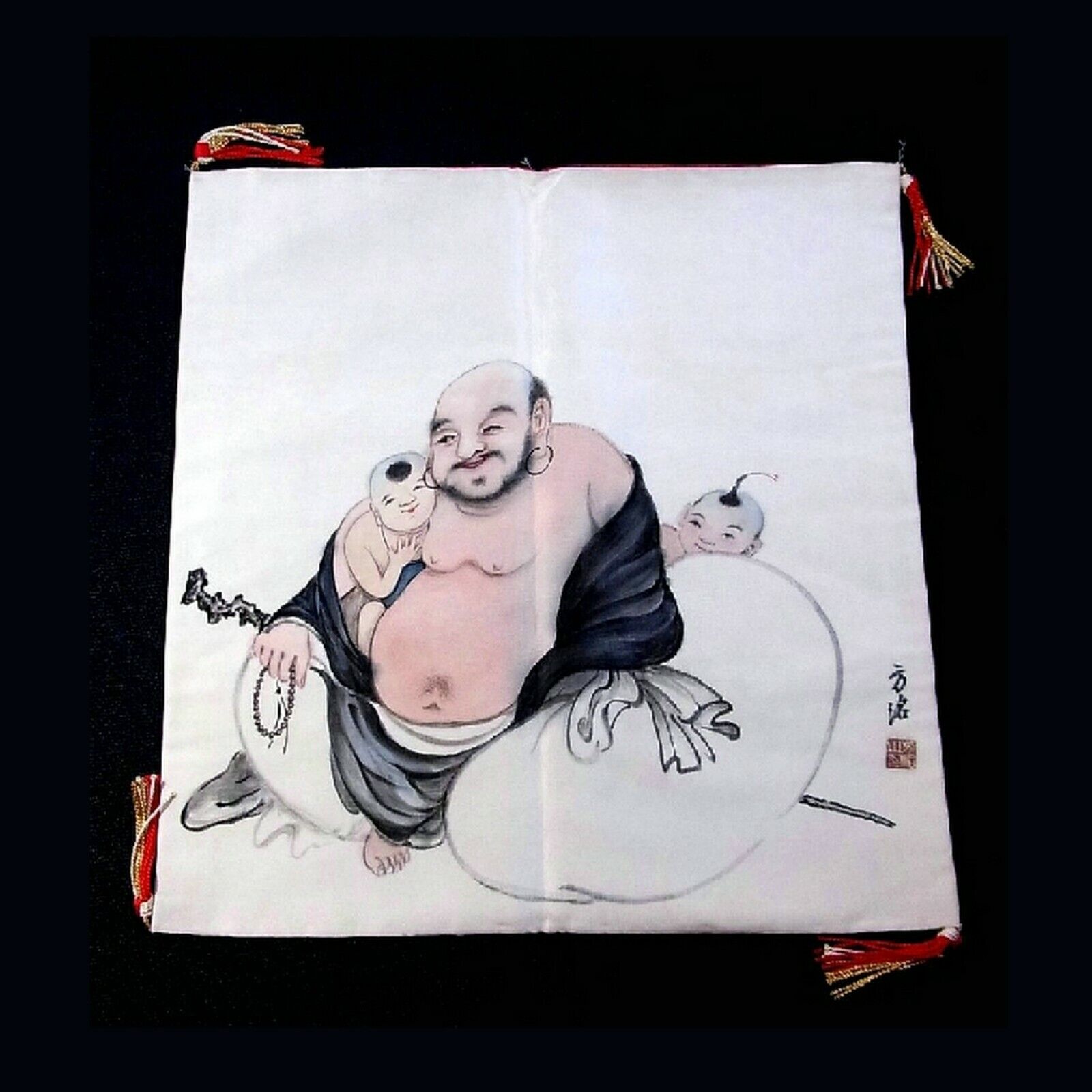 Japanese Kano Silk Hotei Laughing Buddha Fukusa Tea Mat Tapestry 