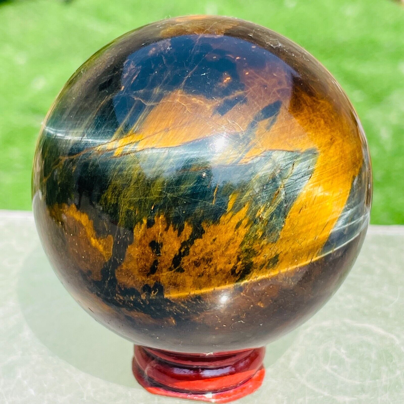474g Natural Gold Blue Tiger\'s-eye Sphere Crystal Ball Specimen Healing