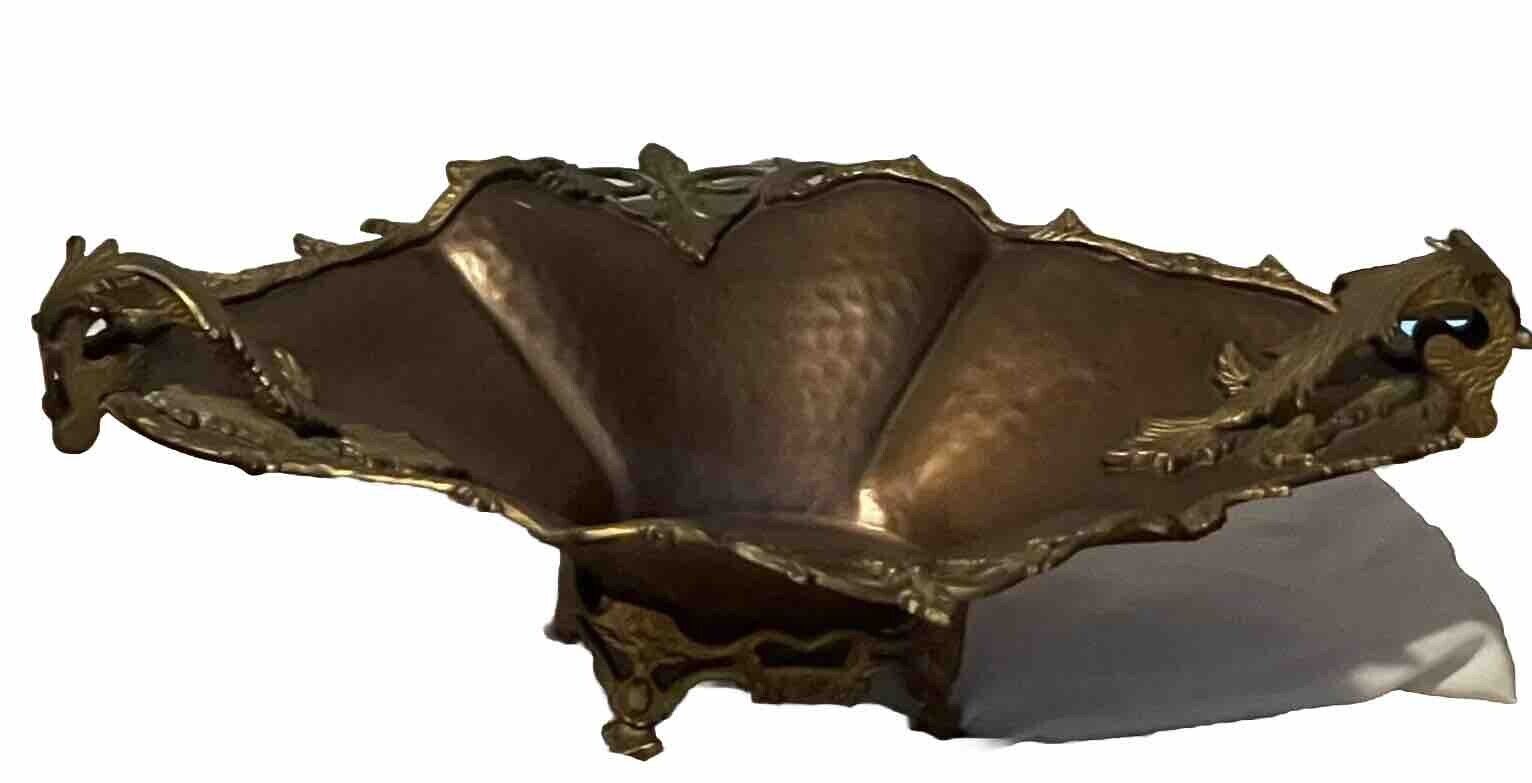 GORGEOUS Mid Century Gothic Hammered Copper Brass Dragon Handle Centerpiece Bowl