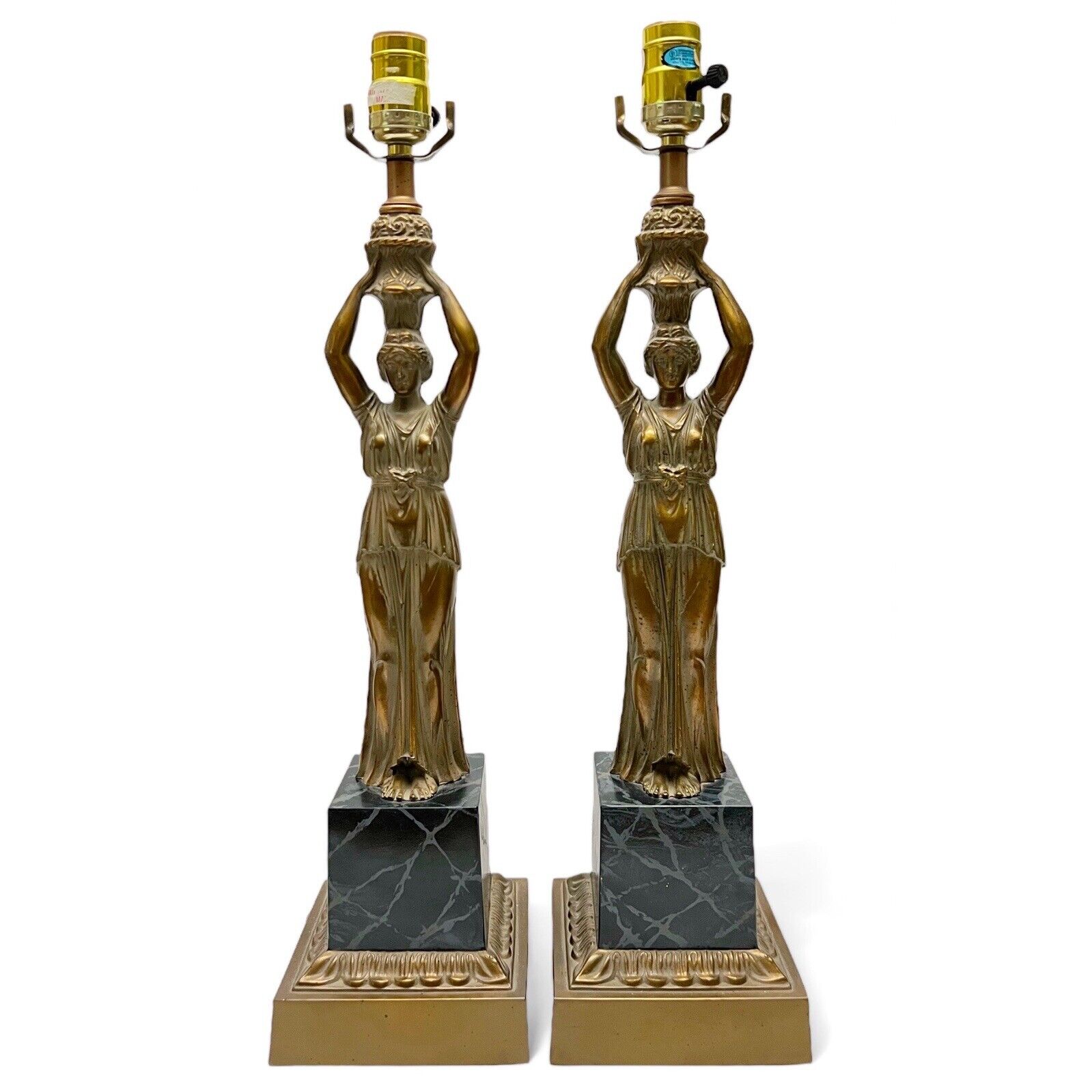 Vintage Pair of Alsy Figural Women Gold Cast Metal Faux Marble Base Table Lamps