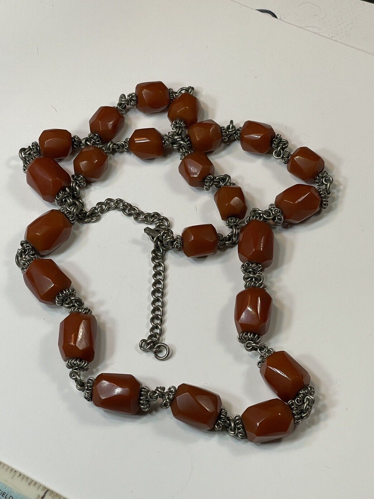 Bakelite Deep Caramel Brown Faceted Bead Vintage 32” Necklace Silver Chain
