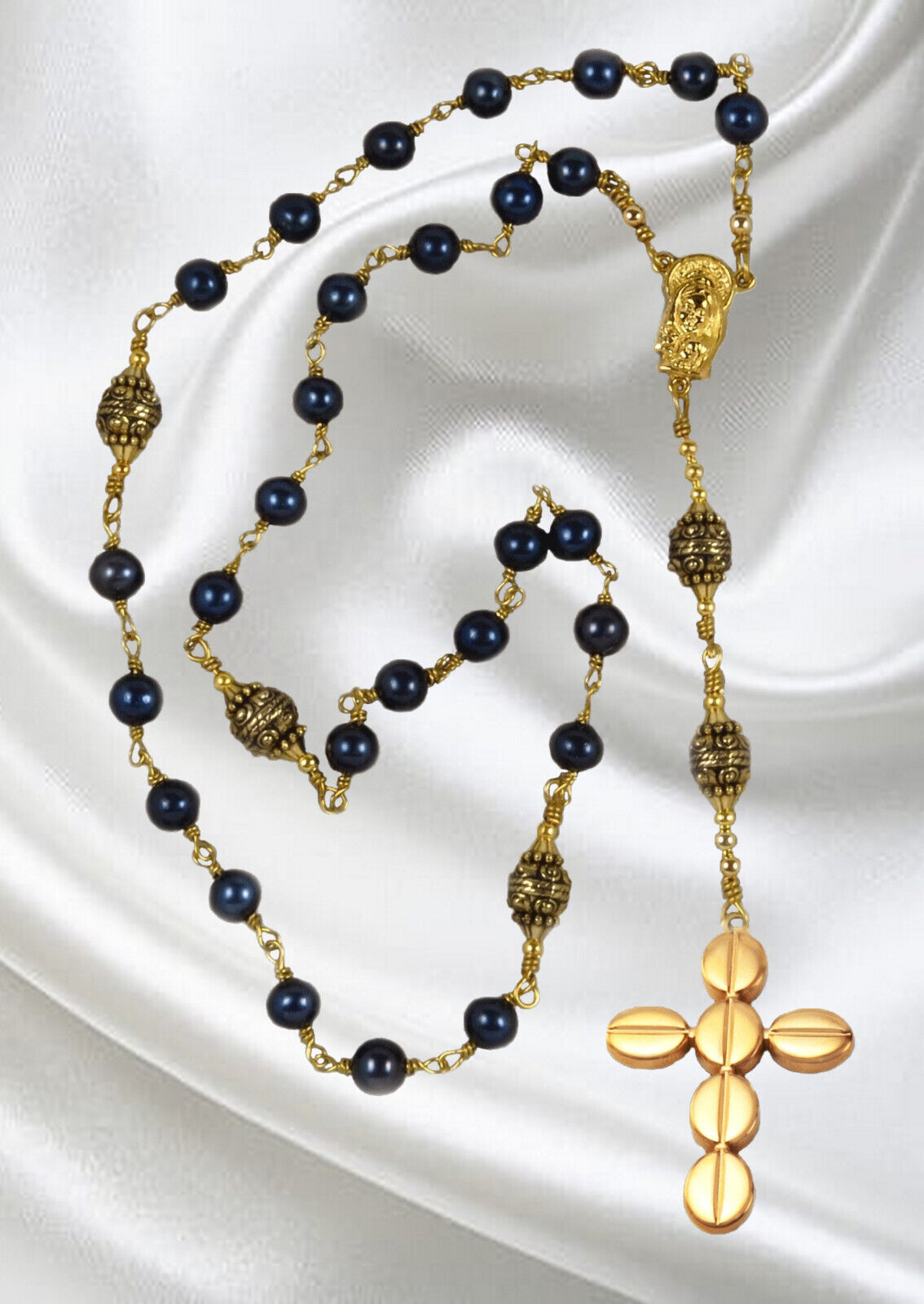 Unbreakable Handmade Anglican Rosary, Deep Blue Cultured Freshwater Pearls