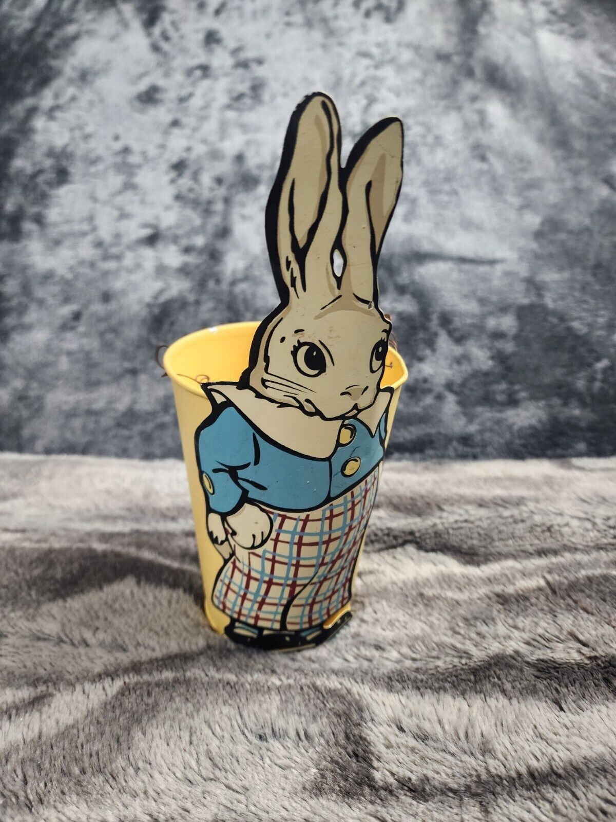 Easter Basket Bunny Rabbit Figurine Yellow Metal Tin Handle
