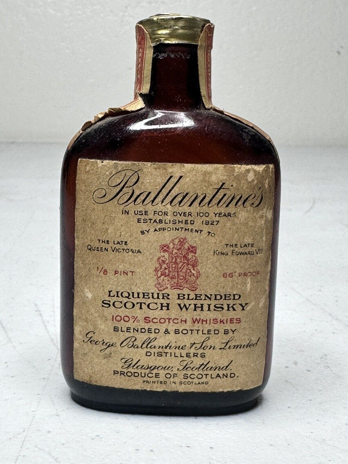 Vintage Ballantine\'s Blended Scotch Whisky - Rare 1/8 Pint Amber Brown Bottle