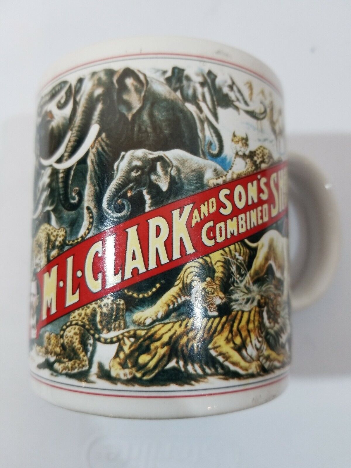  M.L. Clark and Son\'s Circus Combined Shows Stoneware Coffee Mug Cup Elephants