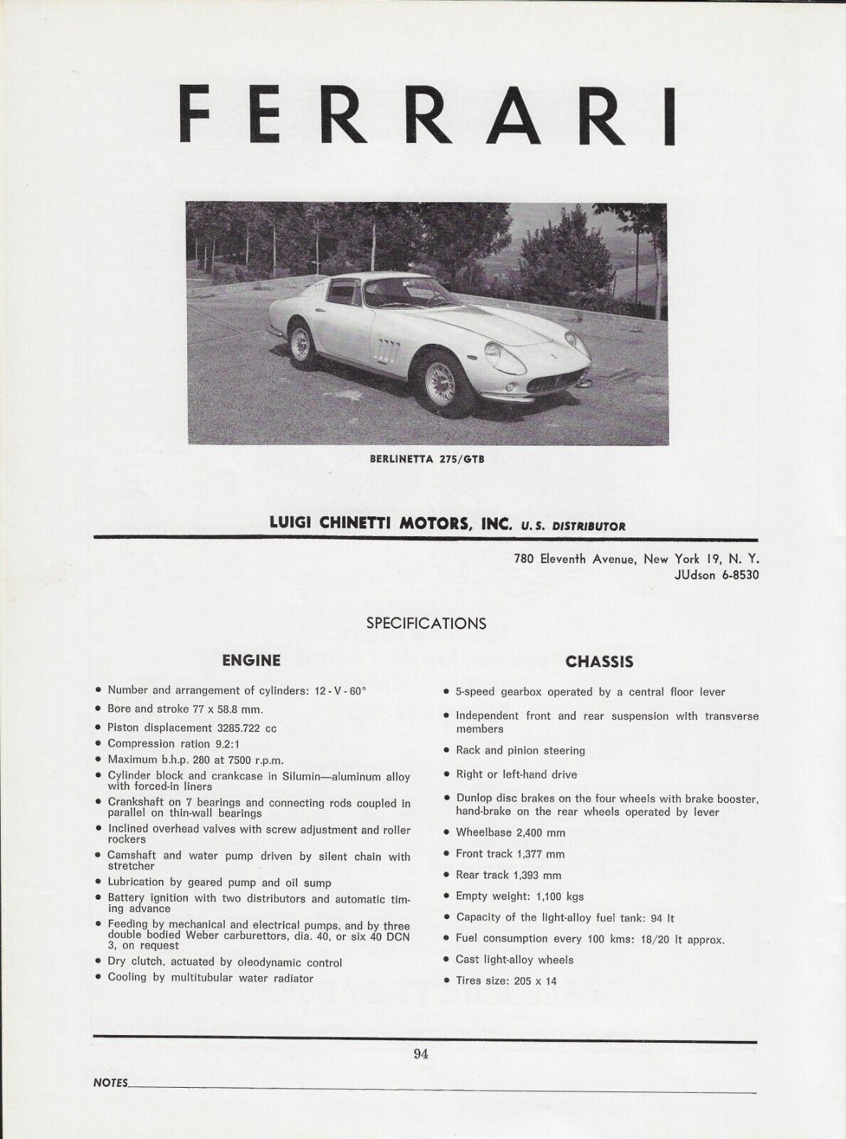 1965 Ferrari Berlinetta 275/GTB Coupe Chinetti Motors Engine Vintage Print Ad