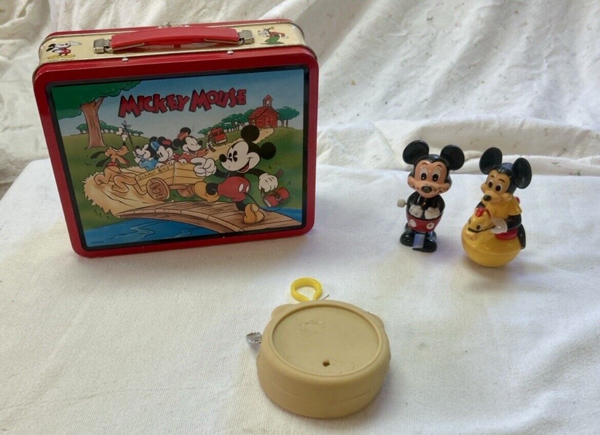 🚨Vintage Disney Mickey Lot- Lunch Box Tin, Wind-up, Weeble Wobble, Coin Purse
