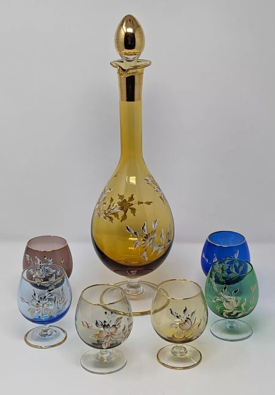 Italian Decanter Hand Blown 1920's-1930's  w/ 6 Glasses Gold Trim Cordial Set