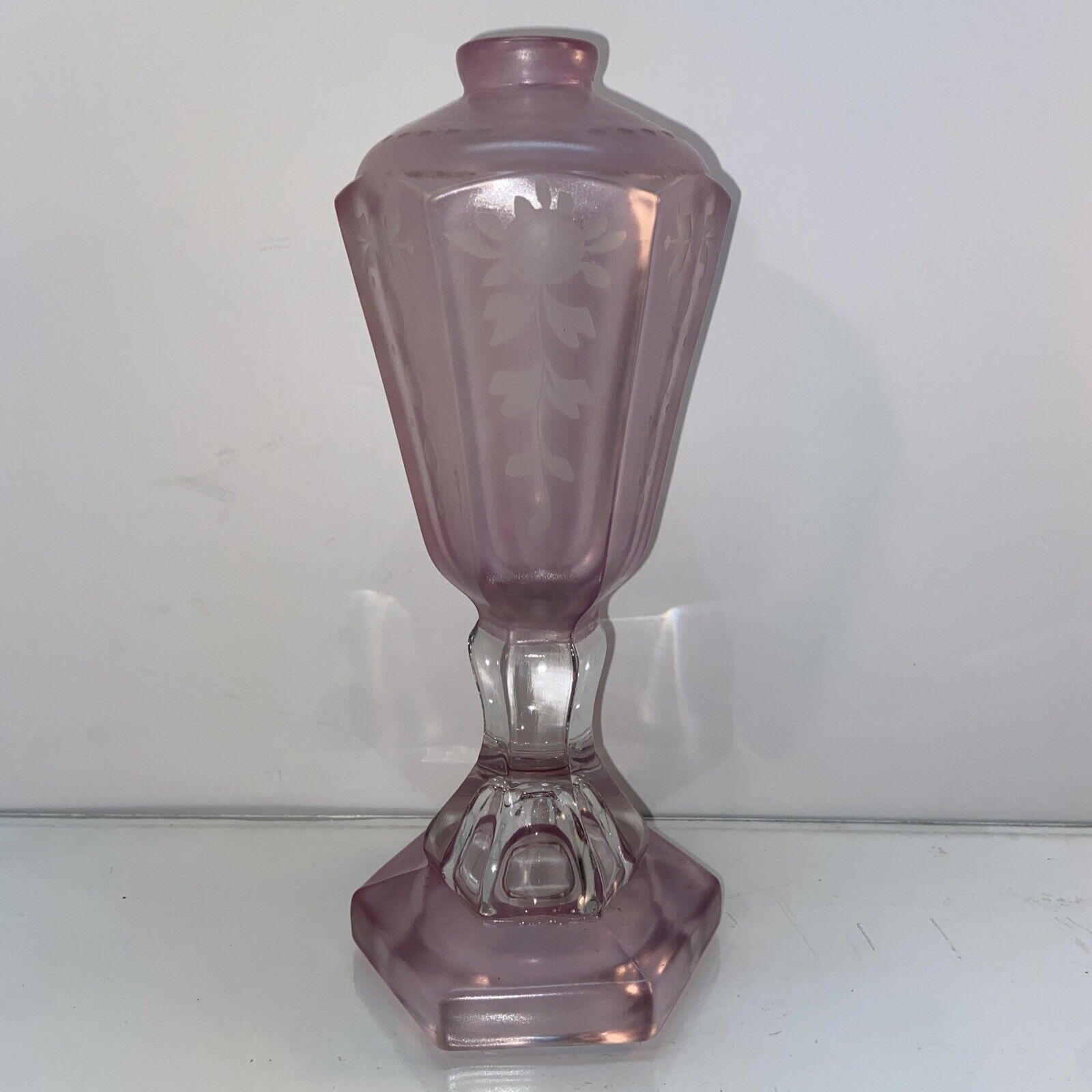 Vtg 20-30’s? Purple Frosted Sunflower Etched Hurricane Lantern Oil Lamp Light