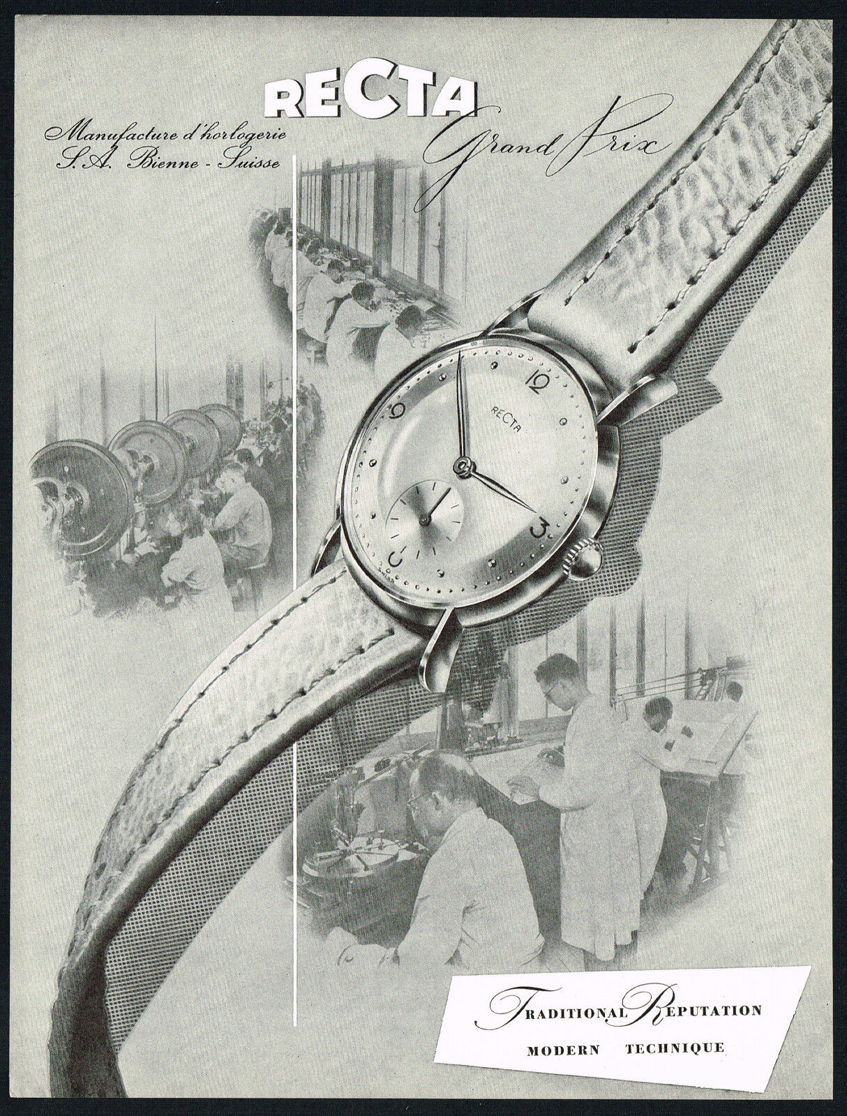 1950 Vintage Recta Grand Prix Watch Factory Mid Century Photo Art Print Ad