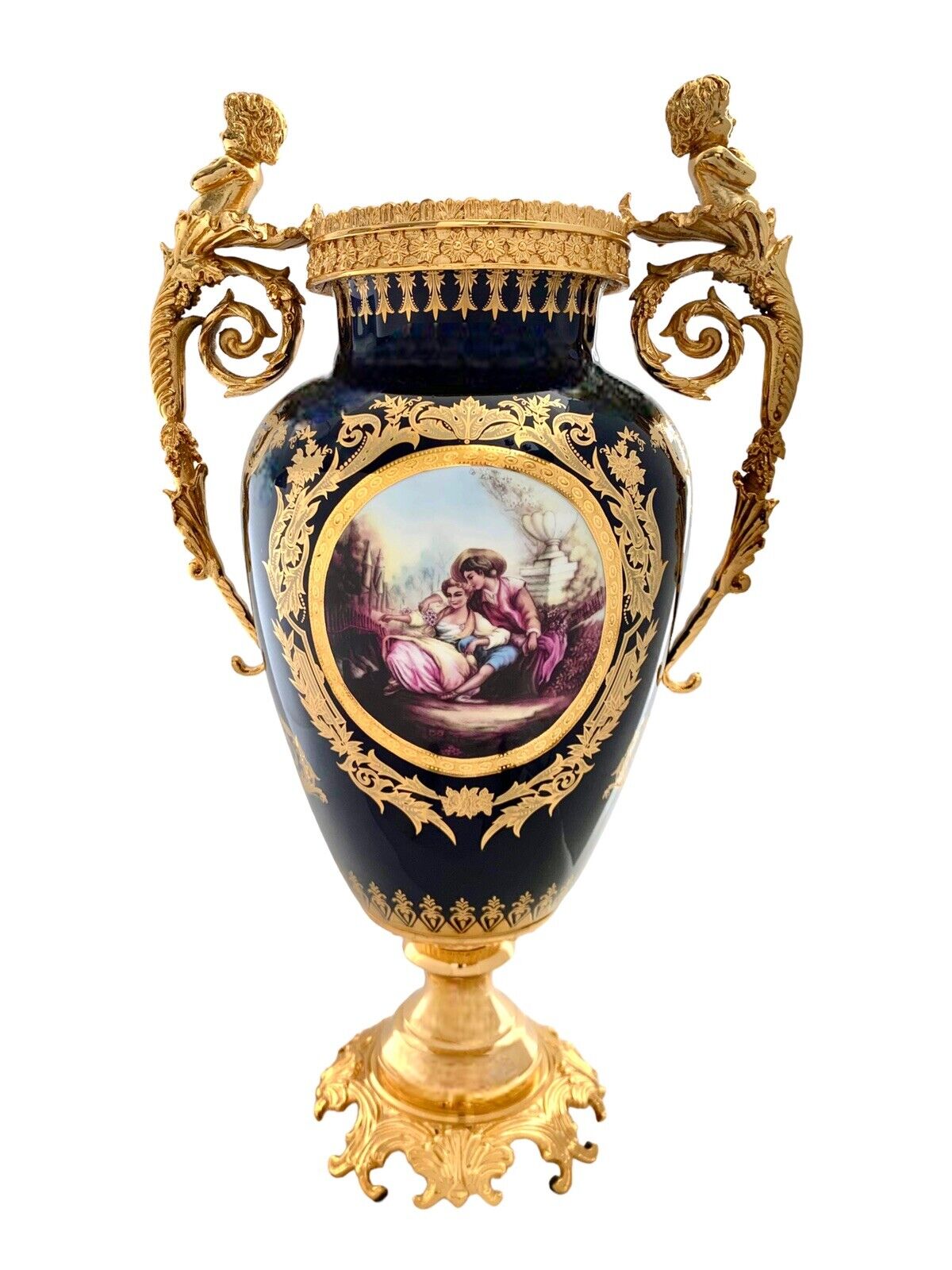 Vase Porcelain Cobalt Blue with Golden Cherub Design Rococo Style Vintage Decor