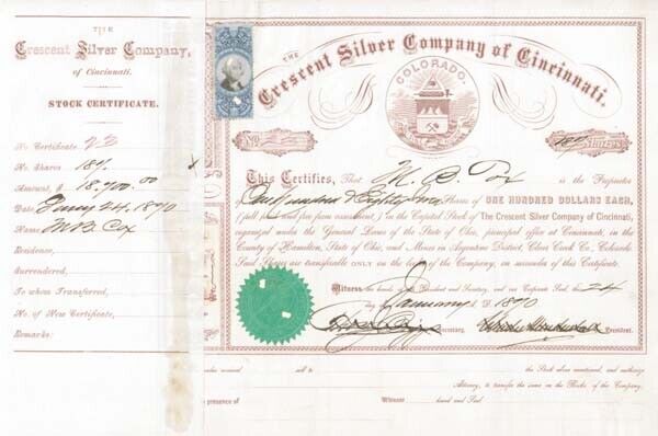 Crescent Silver Co. of Cincinnati - Stock Certificate - Mining Stocks