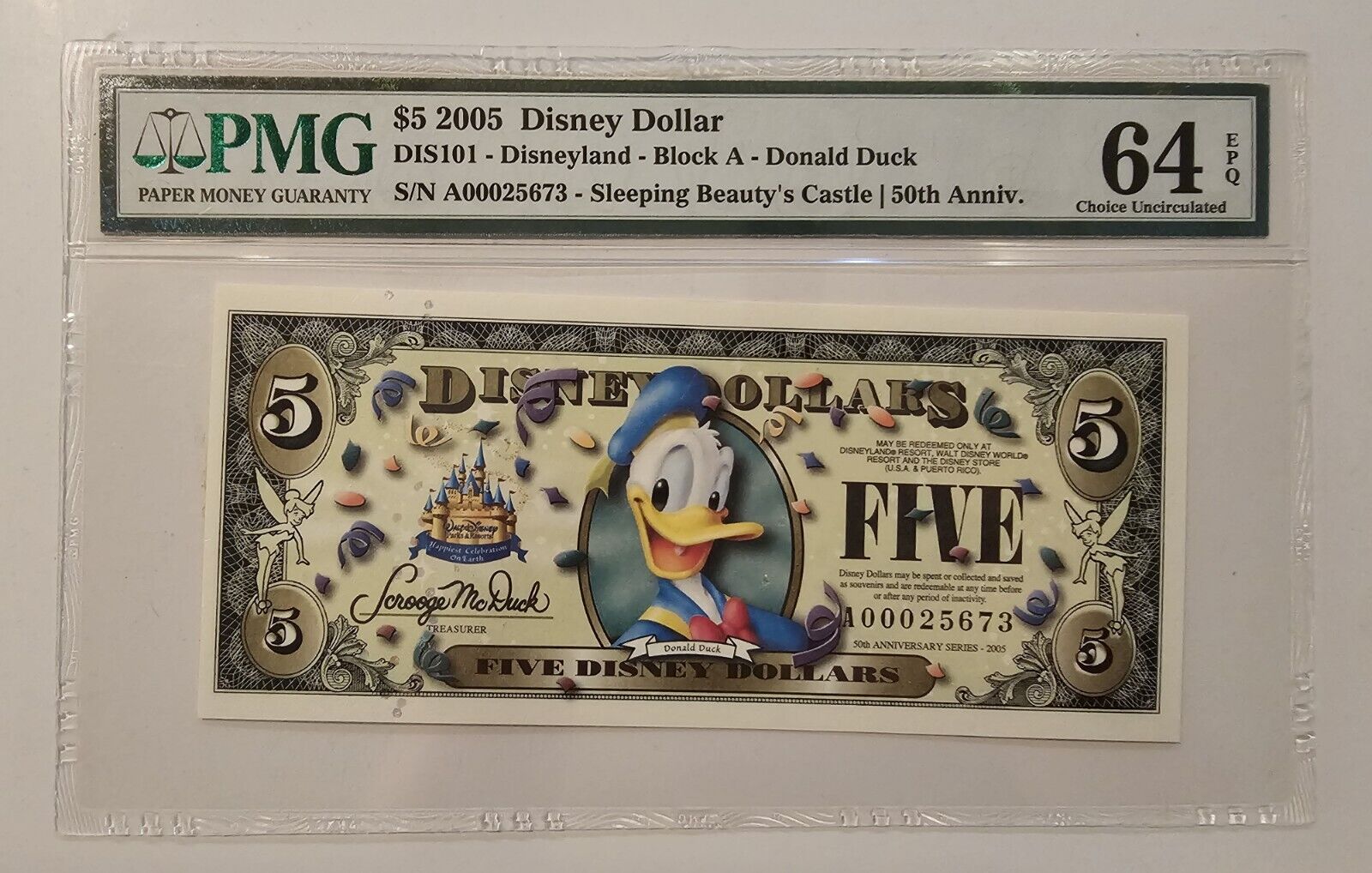 2005 Disney Dollars $5 Donald Duck / Disneyland Resort Bar Code A Grade 64