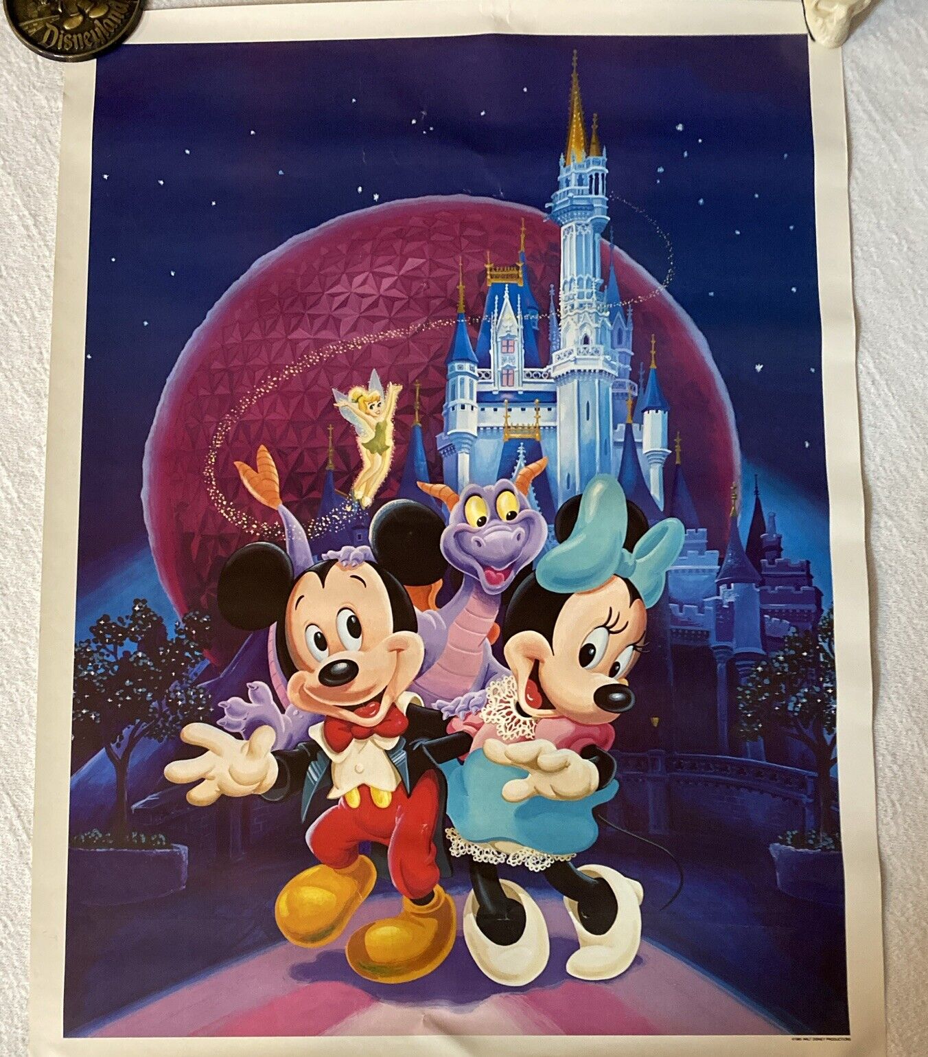 VTG 1985 Disney Epcot Figment Mickey & Minnie Mouse Tinkerbell Poster Art 16x22