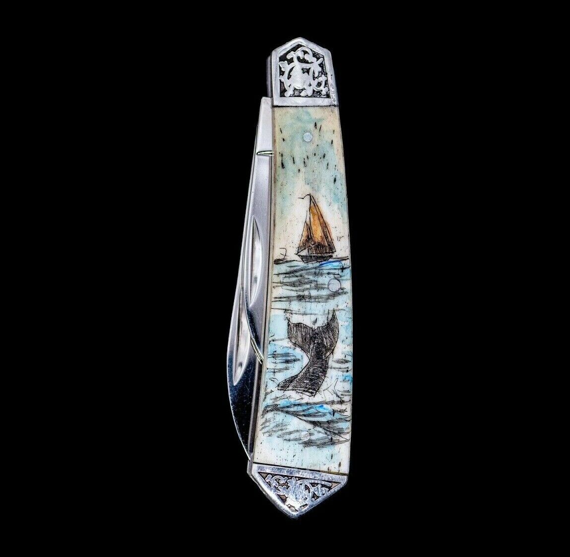Ship and Whale Vertical Scrimshaw Collection Large Dual Blade Pocket Knife