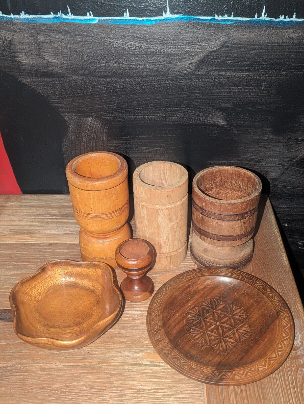Wood Pedestal, Plate, Bowl Vintage Wood Lot Set (6)