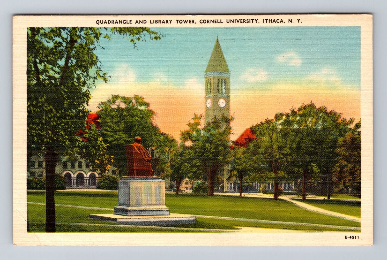 Ithaca NY-New York, Cornell University Quadrangle Library Tower Vintage Postcard