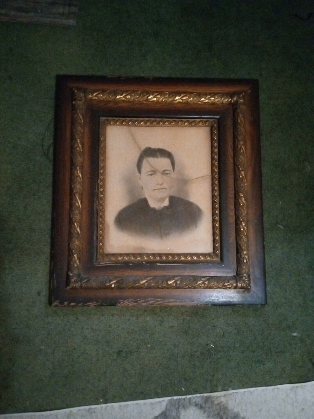 Large Antique Wood And Brass Frame Heavy Hand Drawn Portrait  Rare Old 26in×29in