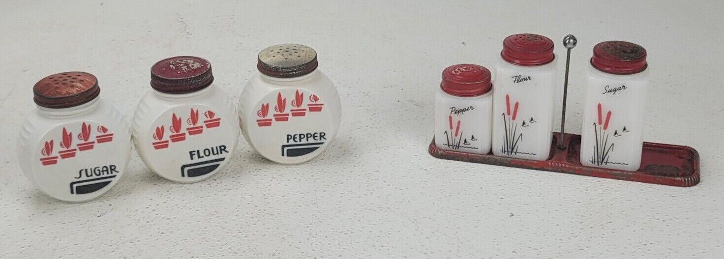 Vintage 6 Milkglass MCM Shakers Set Caddy Cactus Tipp Geese Willow Sugar Pepper