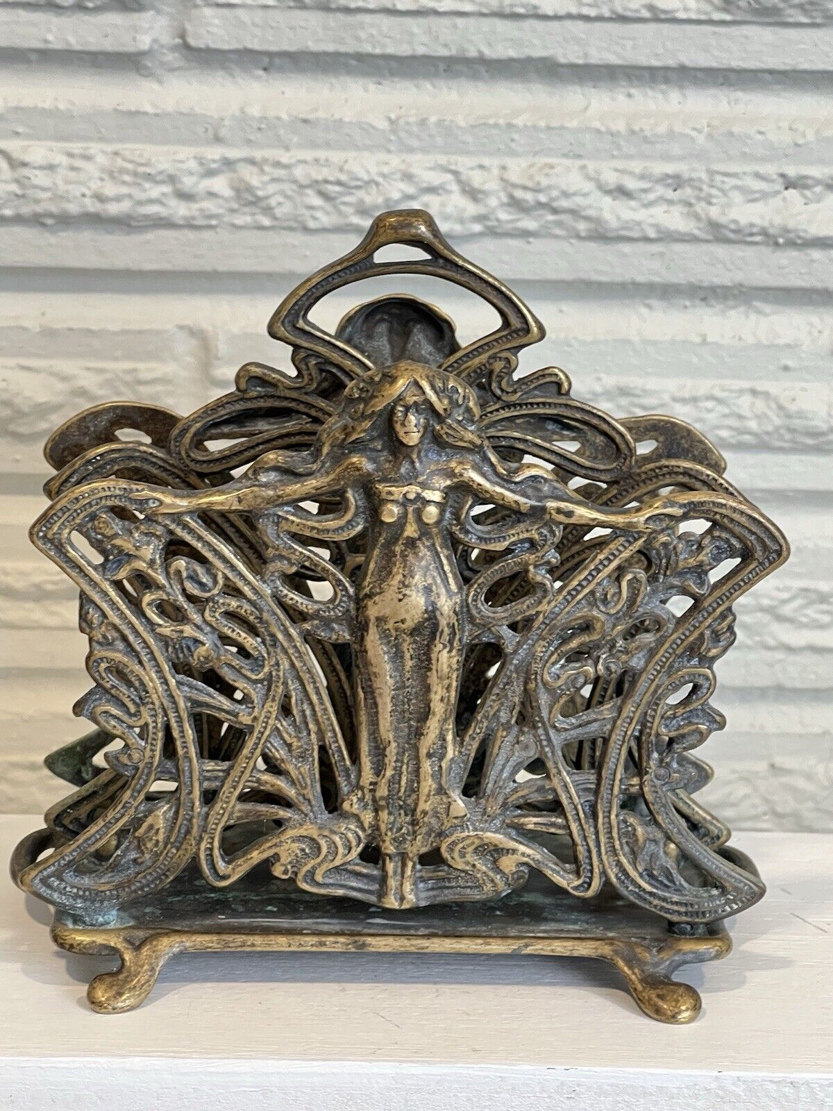 Antique brass art Nouveau Lady Nymph Letter Rack Napkin Holder Mail Storage