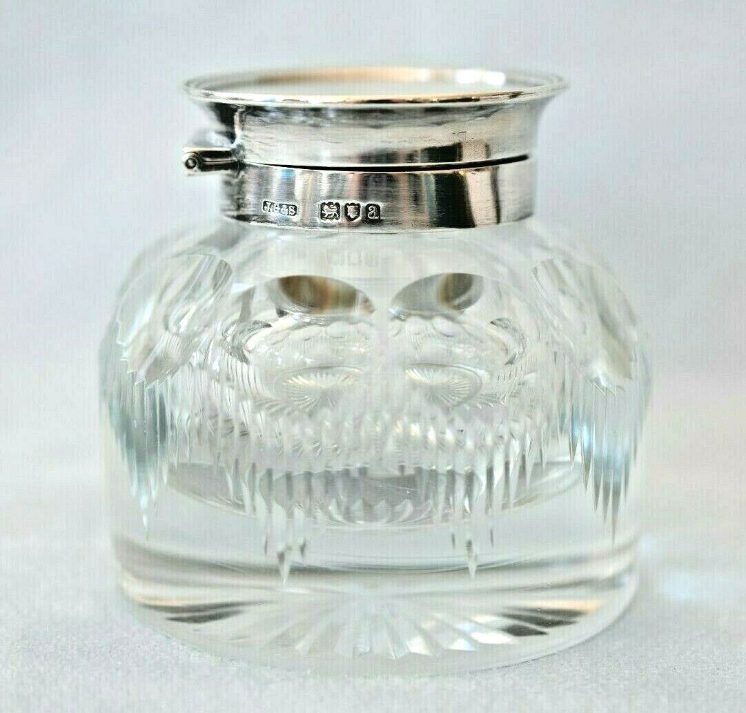 Large Antique 1896 John Grinsell & Sons London Sterling Silver Cut Glass Inkwell