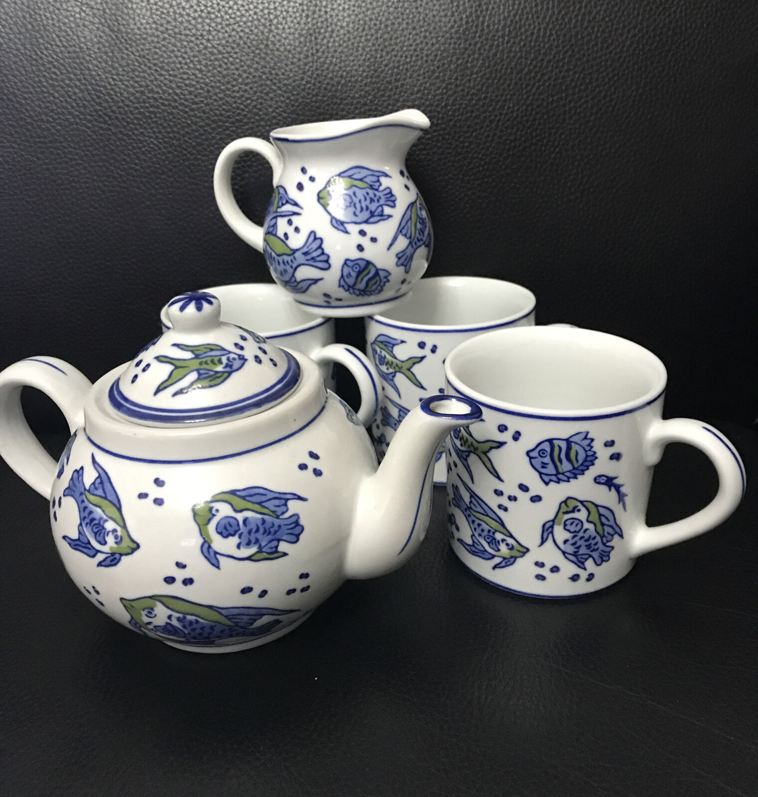 RARE  APRIL CORNELL TEA SET : teapot, creamer & 3 Mugs Blue Fish