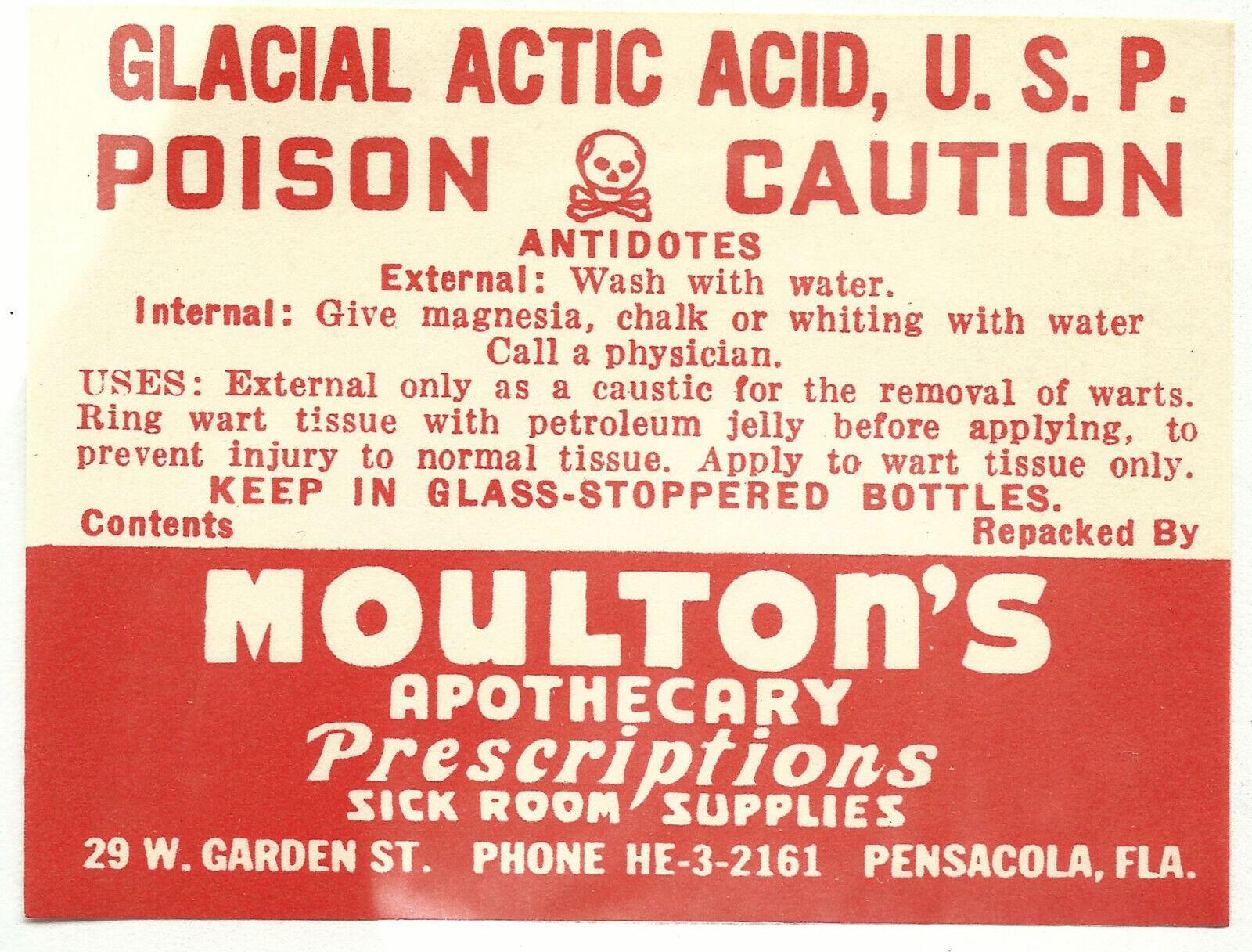 1 Vintage Gummed Label GLACIAL ACTIC ACID WART REMOVE POISON Moultons Apothecary