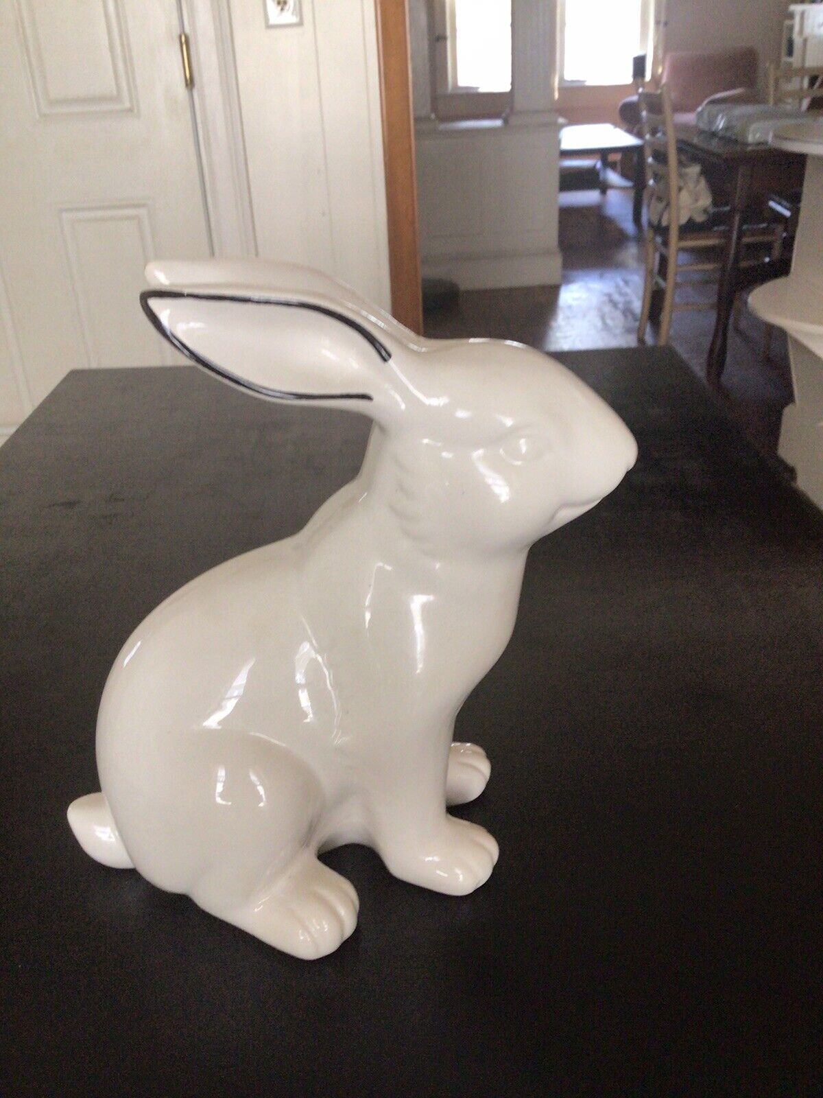 9” Ceramic Bunny Rabbit Figurine. Glossy White with touch of black. No chips