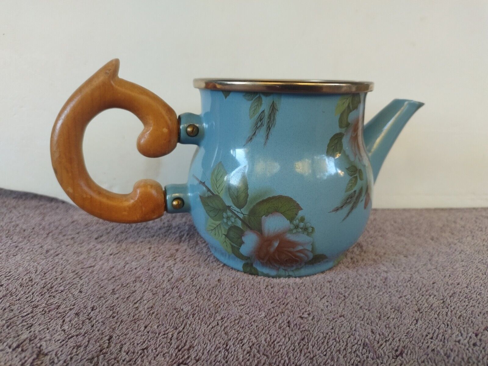 MacKenzie Childs Blue Roses Enamel Camp Creamer Wood Handle Teapot