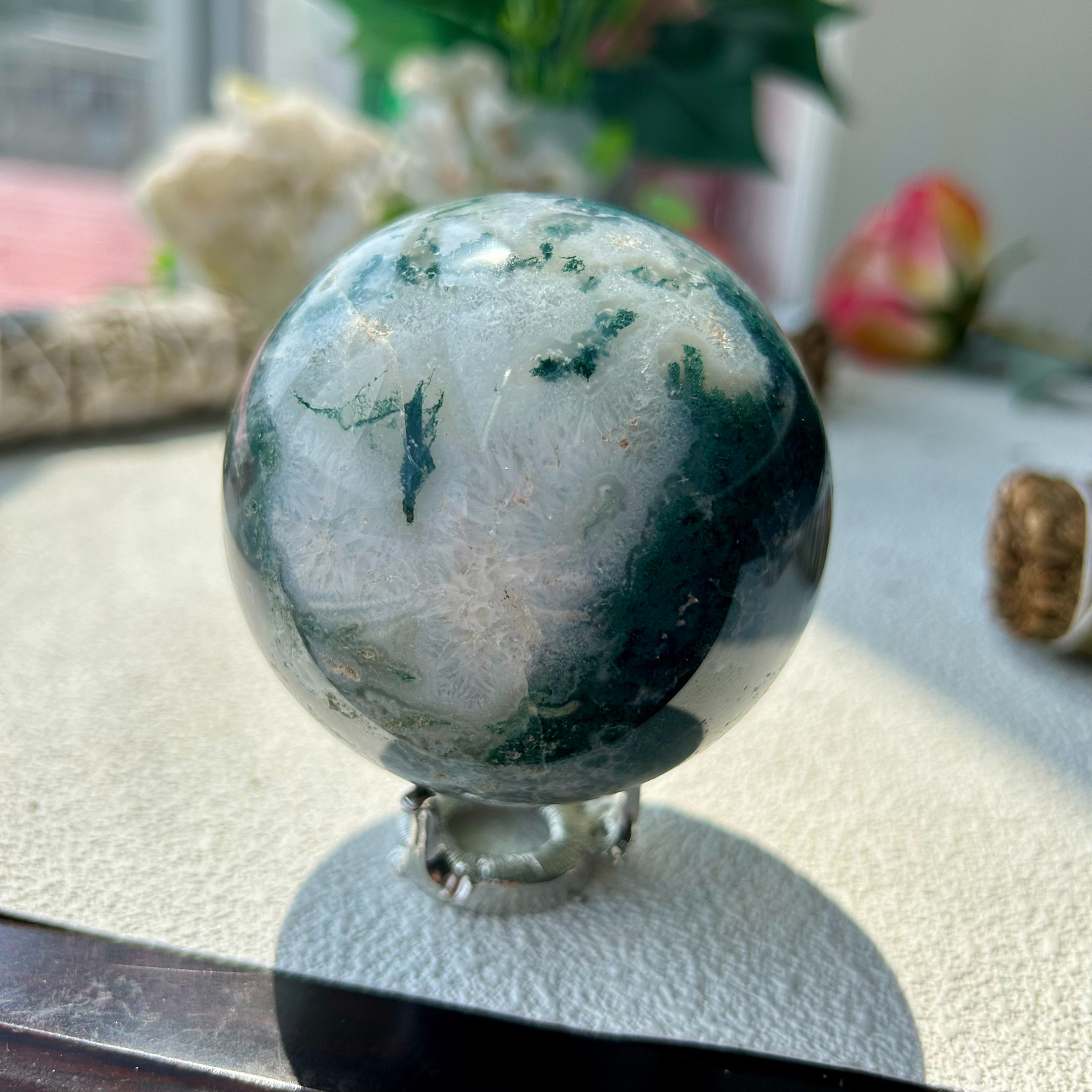 530g 74mm Natural Moss Agate Sphere Drusy Quartz Crystal Reiki Healing 10th