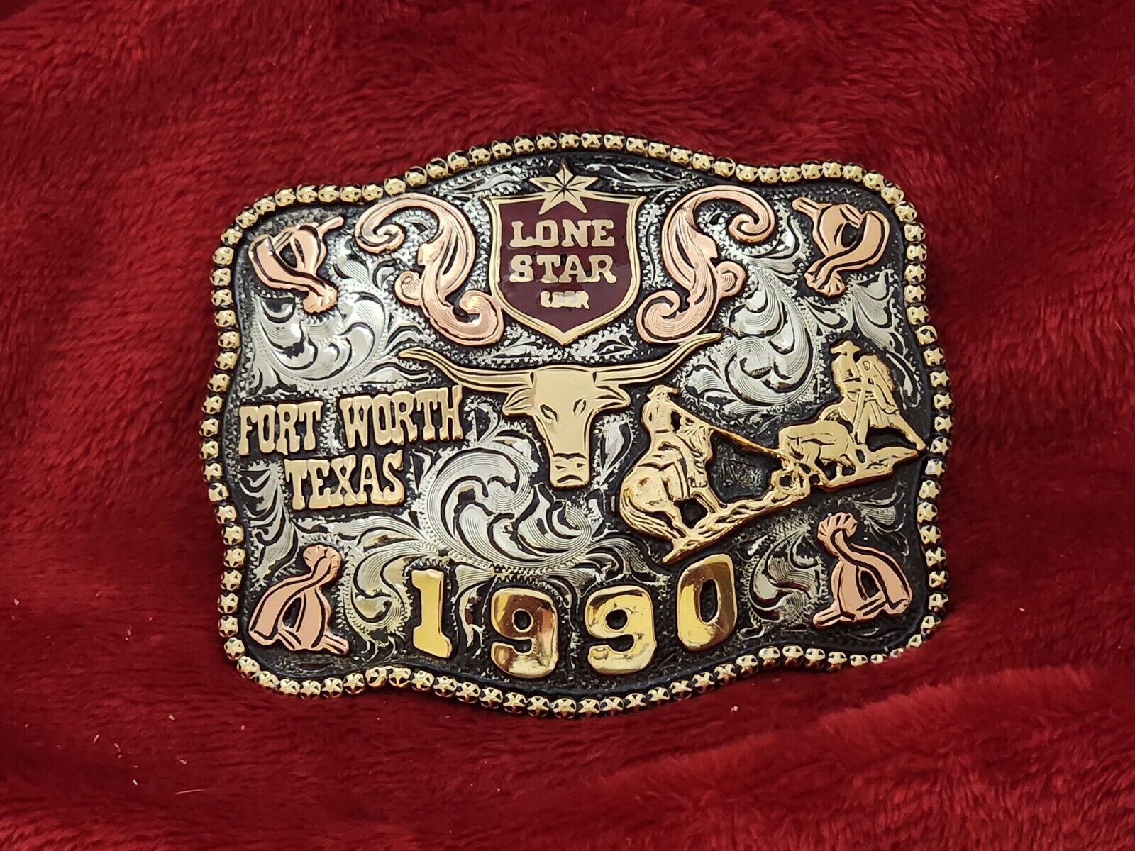 CHAMPION RODEO TROPHY BUCKLE TX LONE STAR TEAM ROPING PROFESSIONAL☆1990☆RARE☆35