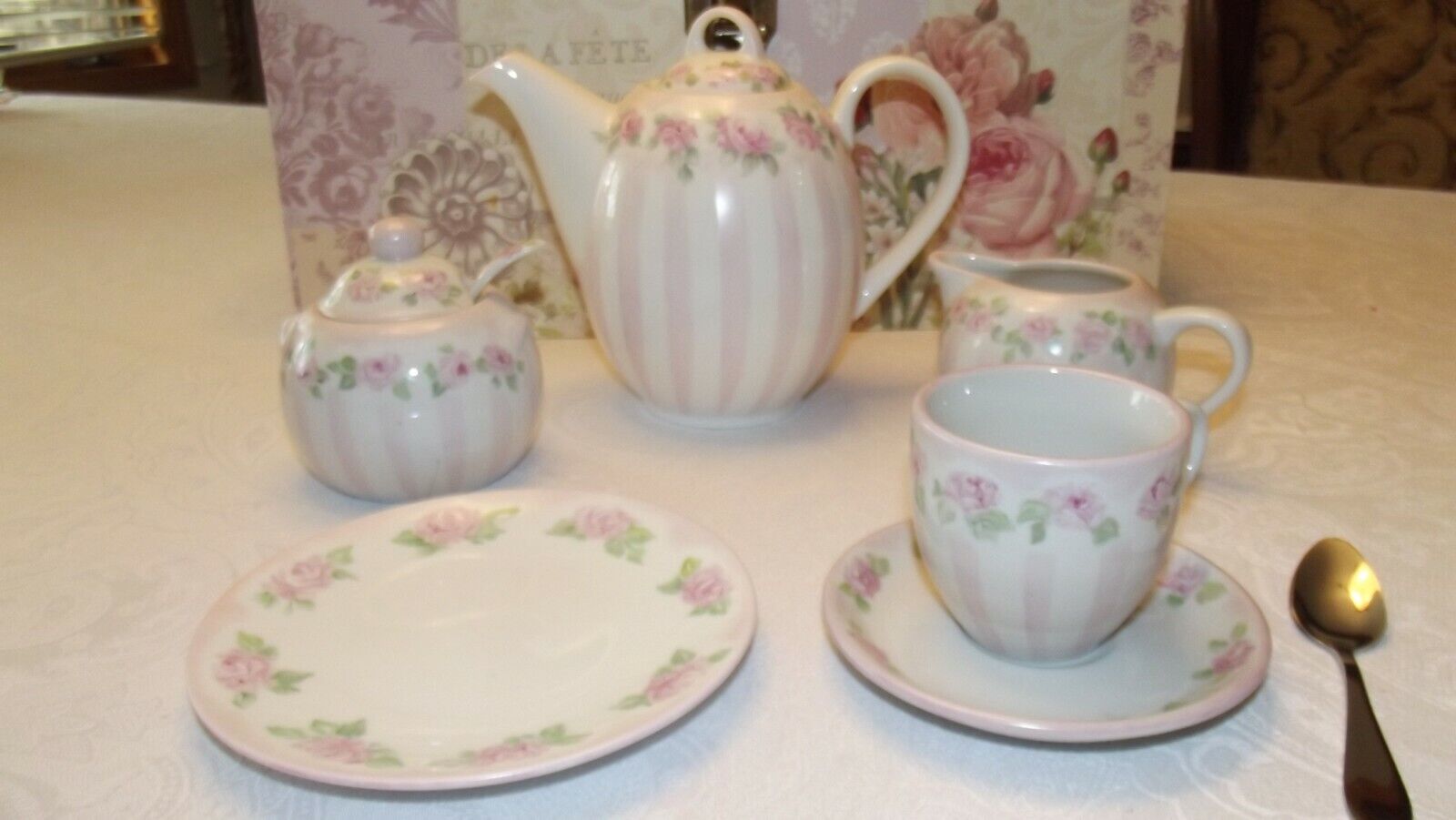 Childs Hand Painted Porcelain Tea Set, Heirloom gift pink roses keepsake box