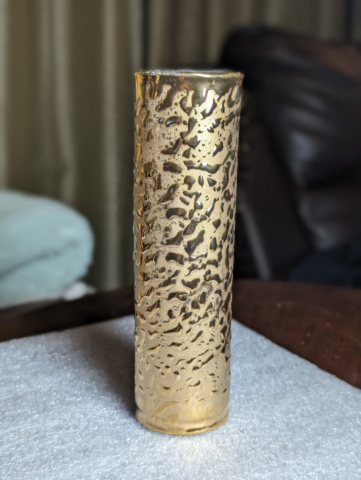 Vintage Bel-Terr Weeping Bright Gold 22kt Gold Glaze Cylindrical Vase 7.25” T 