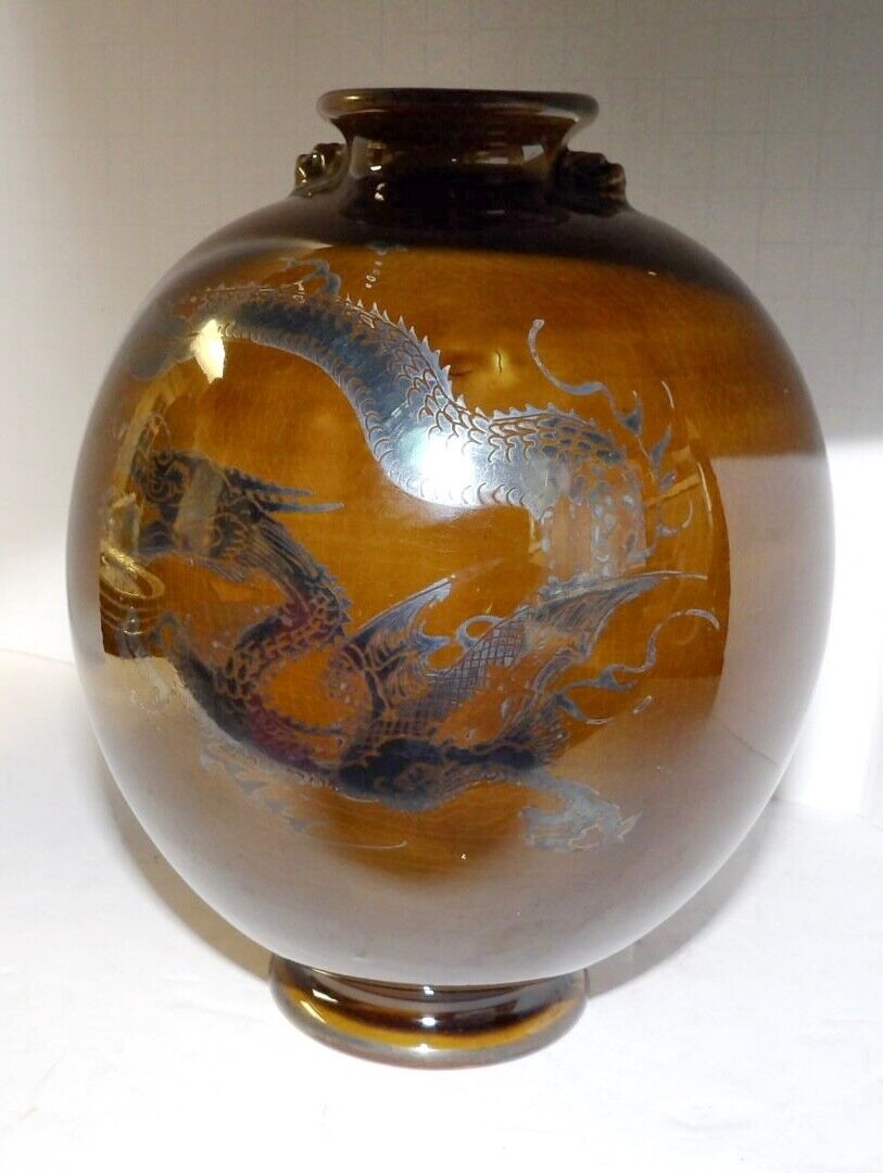 Unusual Japanese Art Pottery Vase - Serpent Chasing Pearl of Wisom - Signed