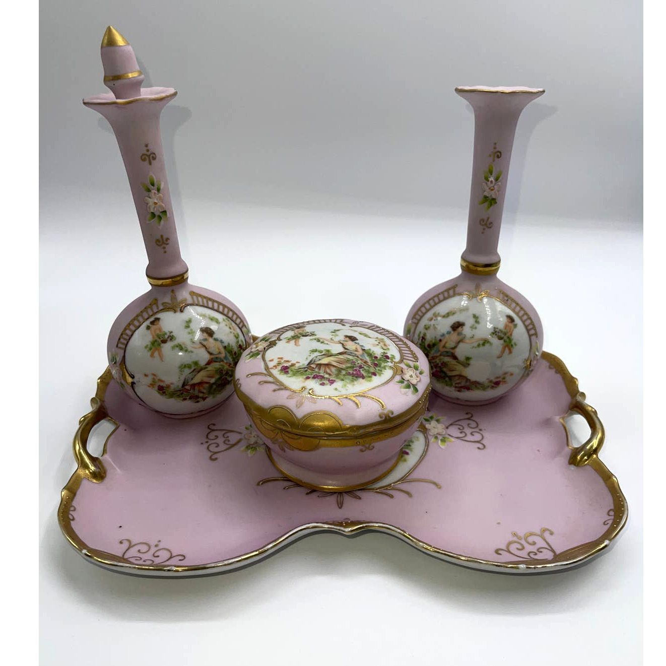 Vintage Pink Gold Porcelain Vanity Set Hand Painted Japan Lenwile Ardalt China